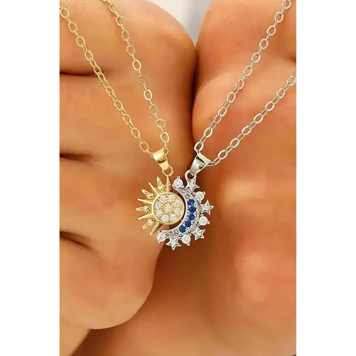 Altın Ve Gümüş Renk Ay Ve Güneş Figürlü İkili Çelik Çift/ Best Friend Kolyesi