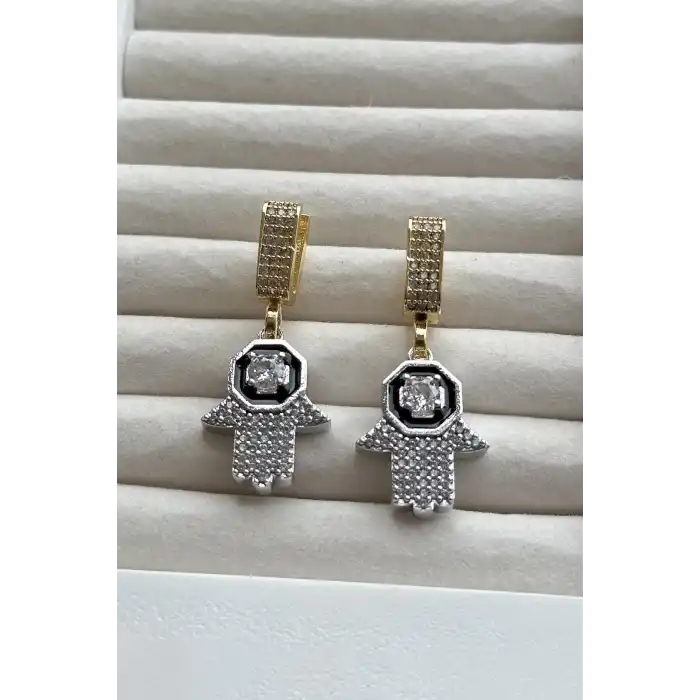 Altın Ve Gümüş Renk Fatma Ana Eli Figürlü Taş Detaylı Küpe (Çift)