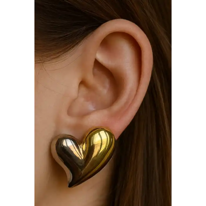 Altın Ve Gümüş Renk Kalp Figürlü Çelik Küpe (Çift)