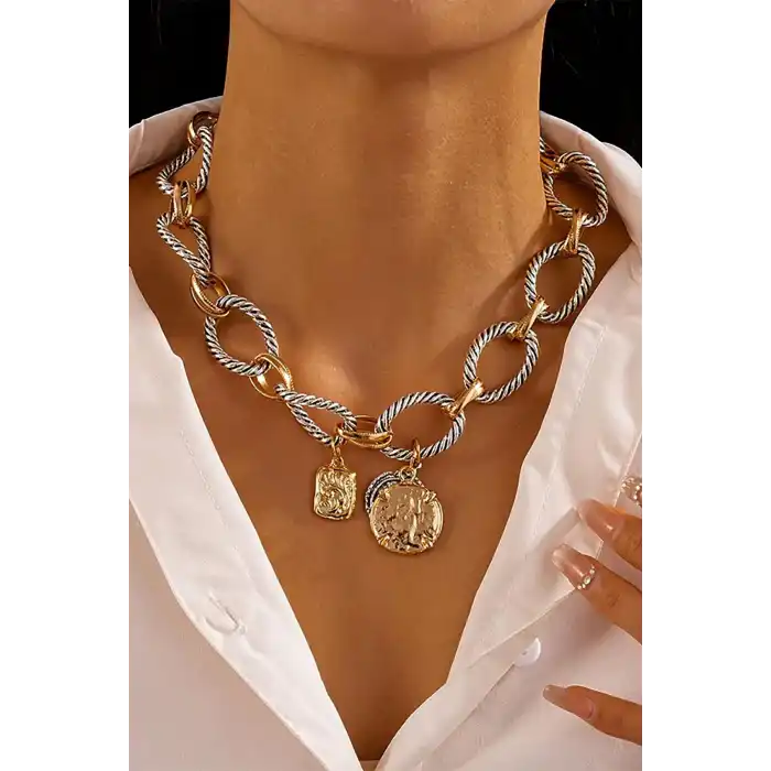 Altın Ve Gümüş Renk Karışık Figürlü Tasarım Kolye