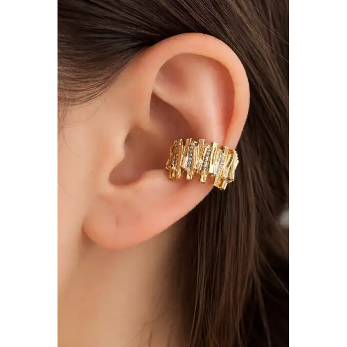 Altın Ve Gümüş Renk Taş Detaylı 14K Altın Kaplama TX Ear Cuff (Tek)