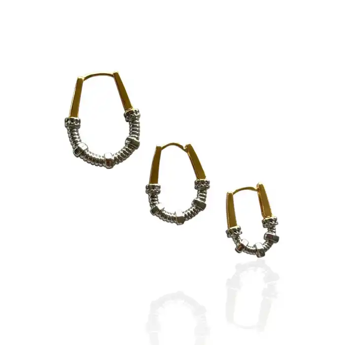 Altın Ve Gümüş Renk Taş Detaylı 3lü YSX Küpe Set