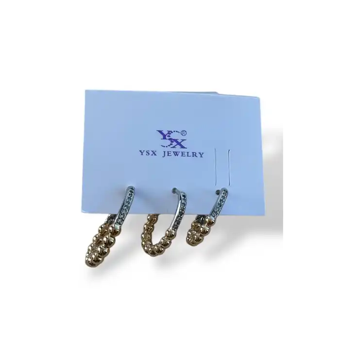 Altın Ve Gümüş Renk Taş Detaylı 3lü YSX Küpe Set