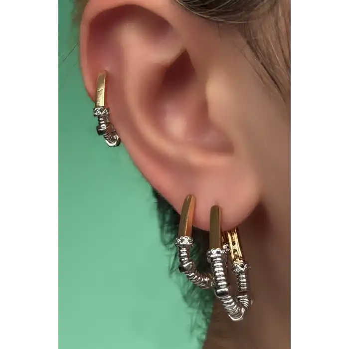 Altın Ve Gümüş Renk Taş Detaylı 3lü YSX Küpe Set