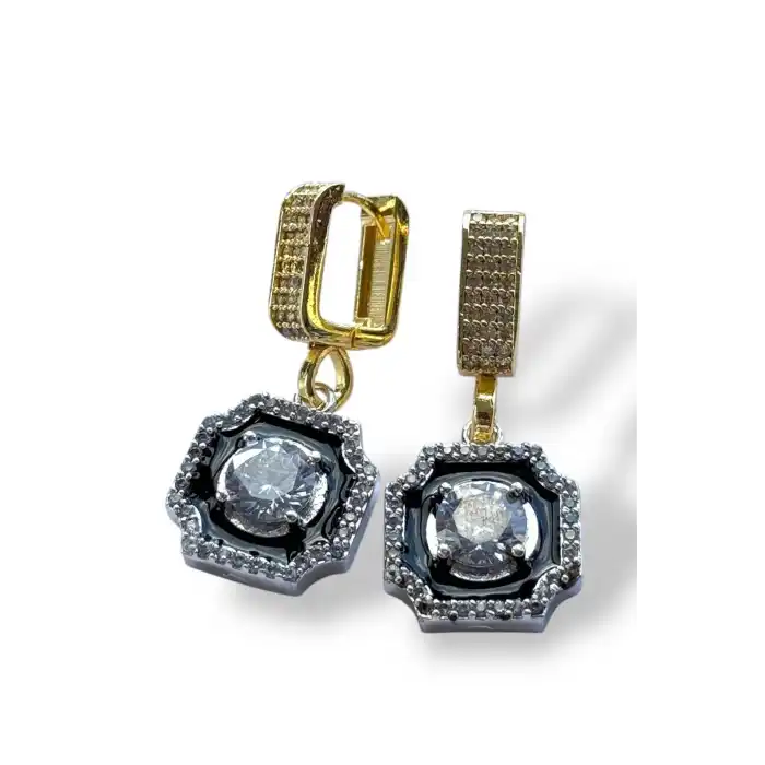 Altın Ve Gümüş Renk Taş Detaylı Küpe (Çift)