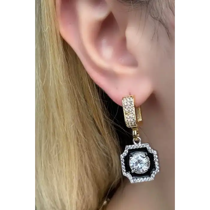 Altın Ve Gümüş Renk Taş Detaylı Küpe (Çift)