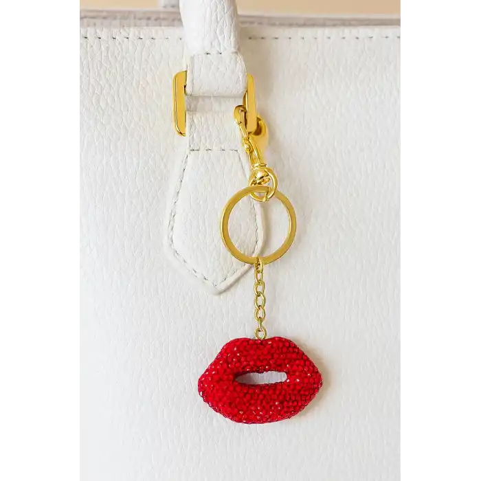 Altın Ve Kırmızı Renk Dudak Figürlü Taş Detaylı Çanta Charm/ Anahtarlık