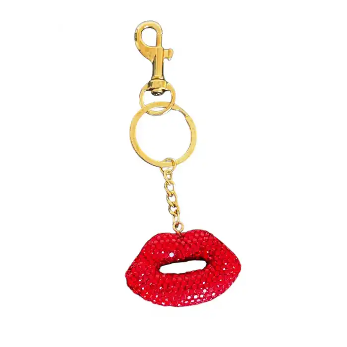 Altın Ve Kırmızı Renk Dudak Figürlü Taş Detaylı Çanta Charm/ Anahtarlık