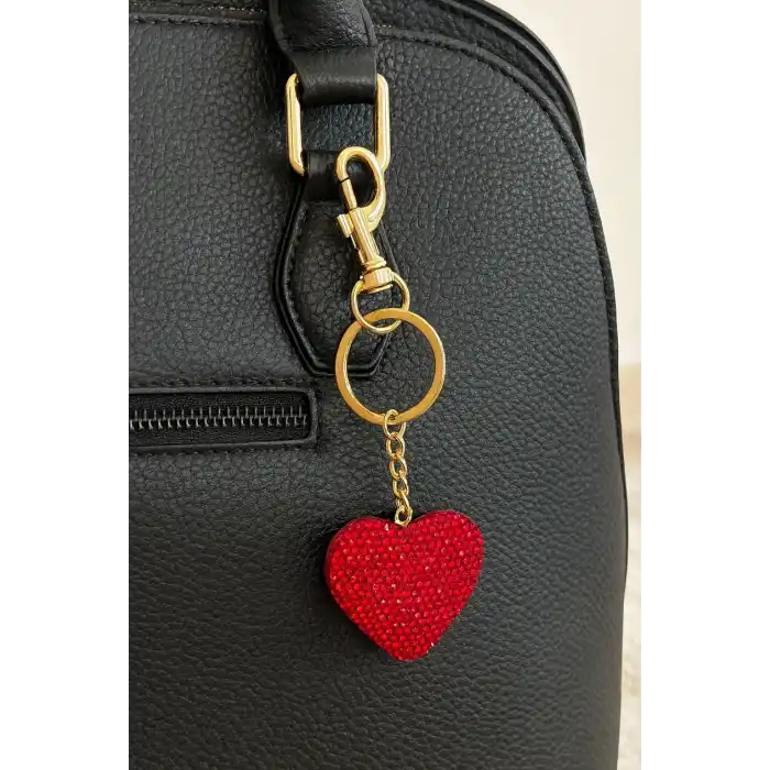 Altın Ve Kırmızı Renk Kalp Figürlü Taş Detaylı Çanta Charm/ Anahtarlık