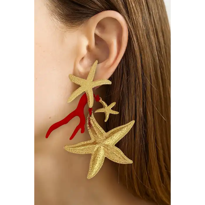 Altın Ve Kırmızı Renk Yıldız Figürlü Tasarım Küpe (Çift)