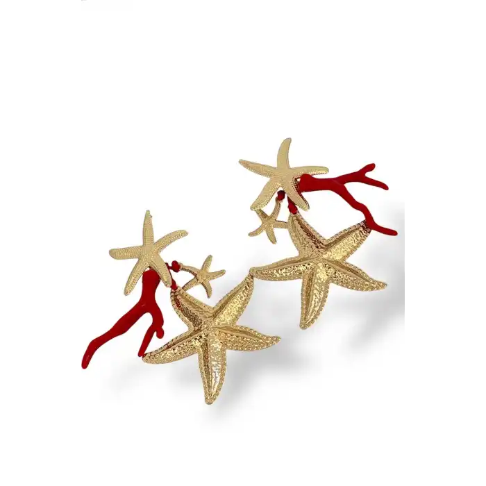 Altın Ve Kırmızı Renk Yıldız Figürlü Tasarım Küpe (Çift)