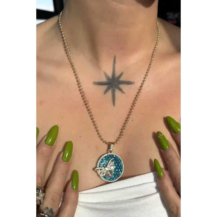 Altın Ve Mavi Renk Arı Figürlü 14K Altın Kaplama VİP Kolye