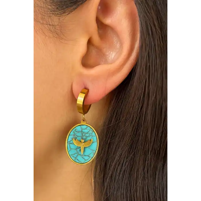 Altın Ve Mavi Renk Kuş Figürlü Çelik Küpe (Çift)