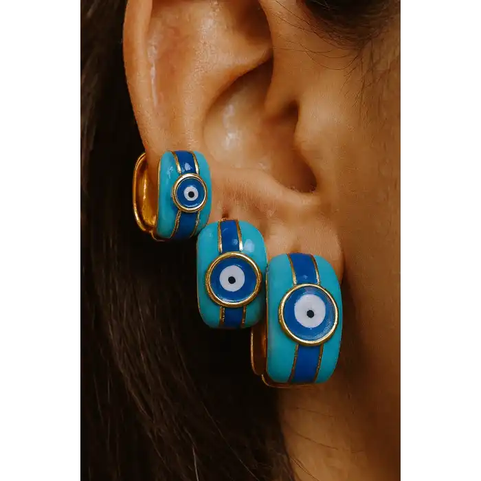 Altın Ve Mavi Renk Nazar Boncuk Figürlü 3lü YSX Küpe Set