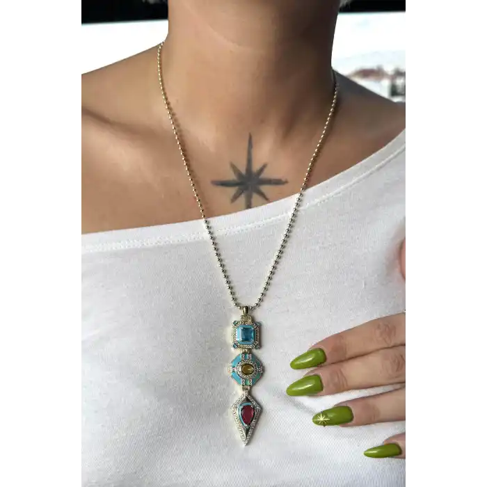 Altın Ve Mavi Renk Taş Detaylı 14K Altın Kaplama VİP Kolye