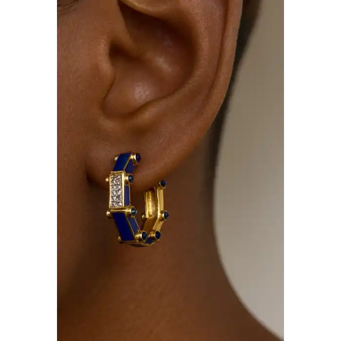 Altın Ve Mavi Renk Taş Detaylı YSX Küpe (Çift)