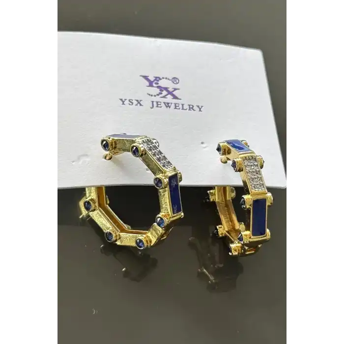 Altın Ve Mavi Renk Taş Detaylı YSX Küpe (Çift)