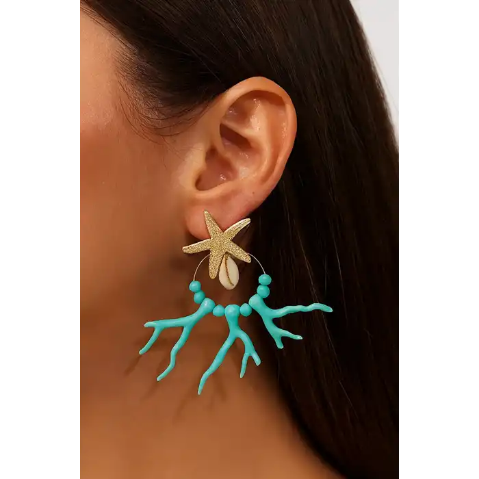 Altın Ve Mavi Renk Yıldız Figürlü Tasarım Küpe (Çift)