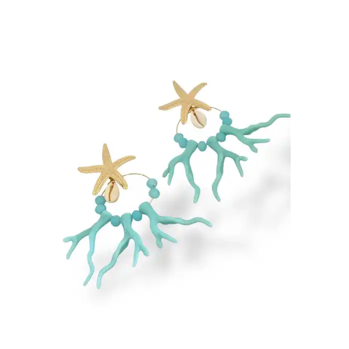 Altın Ve Mavi Renk Yıldız Figürlü Tasarım Küpe (Çift)