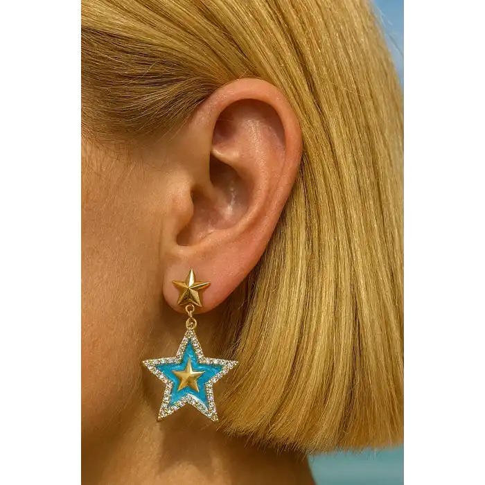 Altın Ve Mavi Renk Yıldız Figürlü YSX Küpe (Çift)