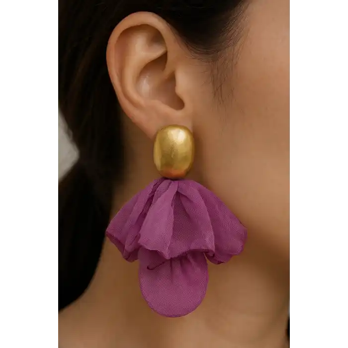 Altın Ve Mor Renk Sallantılı Tasarım Küpe (Çift)