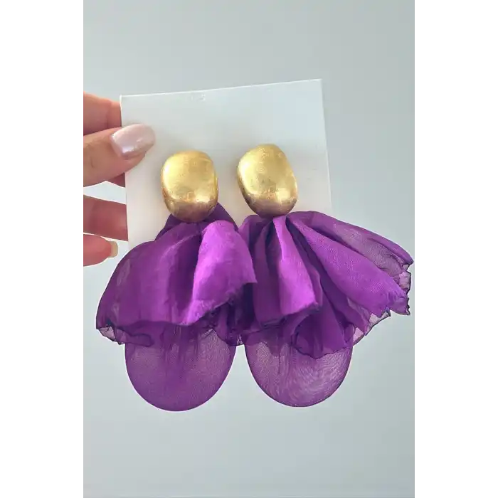 Altın Ve Mor Renk Sallantılı Tasarım Küpe (Çift)