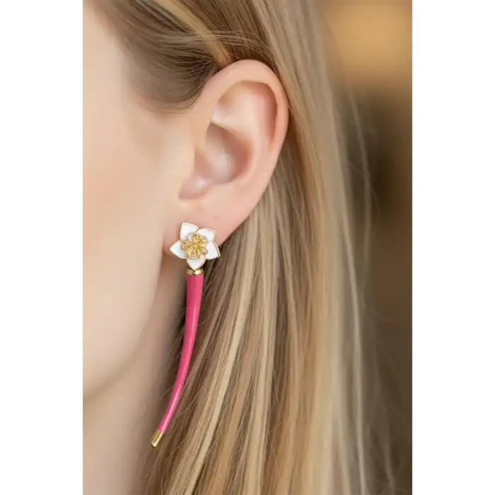 Altın Ve Pembe Renk Çiçek Detaylı YSX Küpe (Çift)