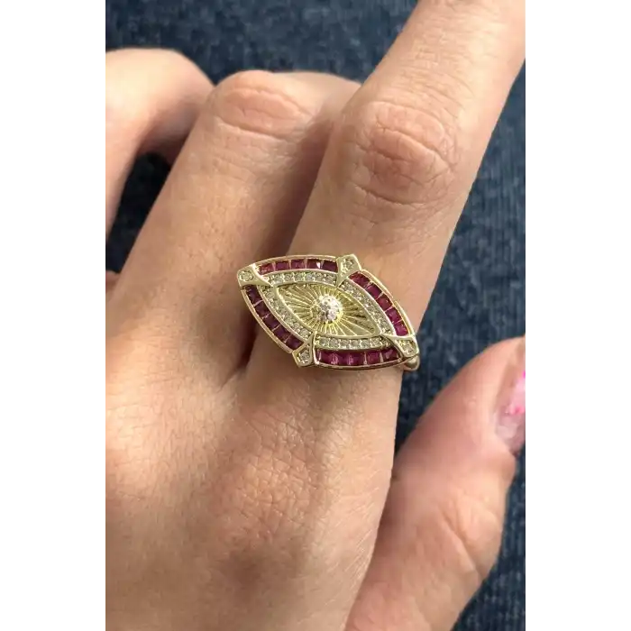 Altın Ve Pembe Renk Göz Detaylı 14K Altın Kaplama Ayarlanabilir Yüzük