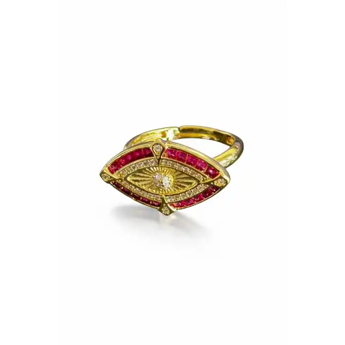 Altın Ve Pembe Renk Göz Detaylı 14K Altın Kaplama Ayarlanabilir Yüzük