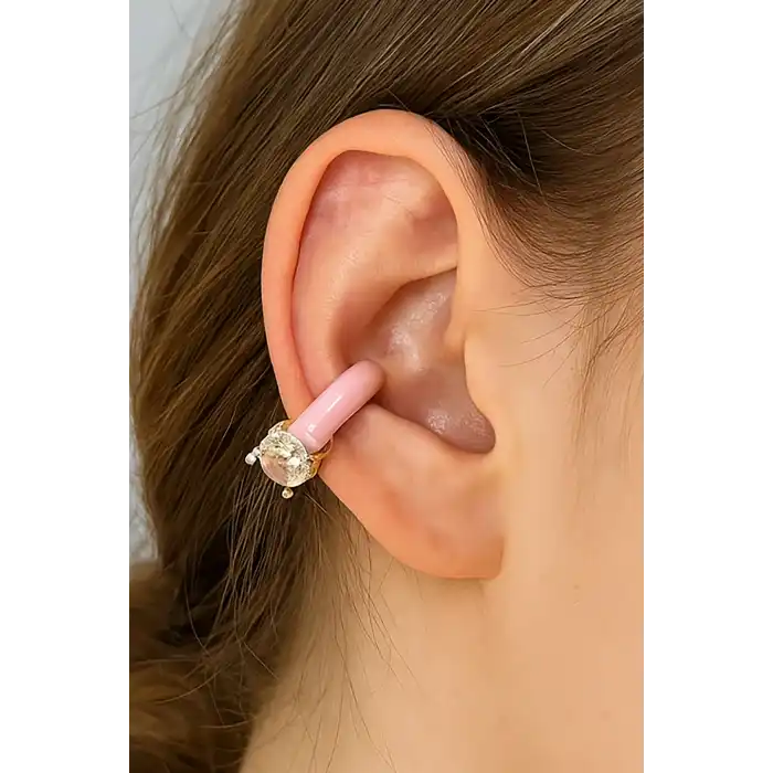 Altın Ve Pembe Renk Taş Detaylı 14K Altın Kaplama TX Ear Cuff (Tek)