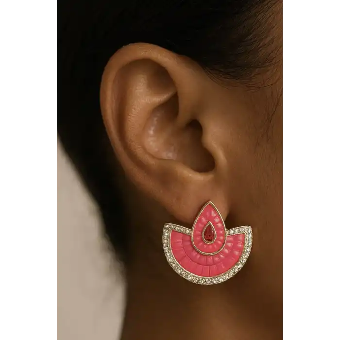 Altın Ve Pembe Renk Taş Detaylı Küpe (Çift)