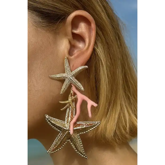 Altın Ve Pembe Renk Yıldız Figürlü Tasarım Küpe (Çift)