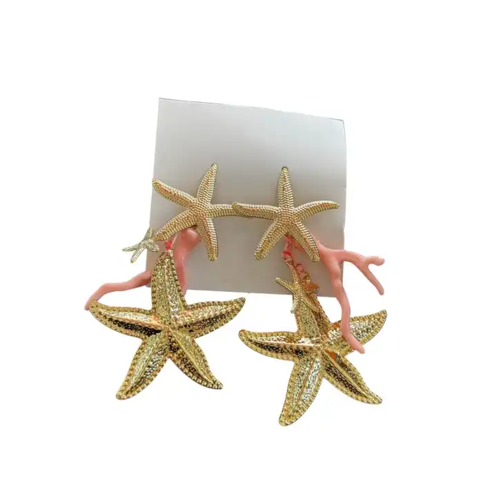 Altın Ve Pembe Renk Yıldız Figürlü Tasarım Küpe (Çift)