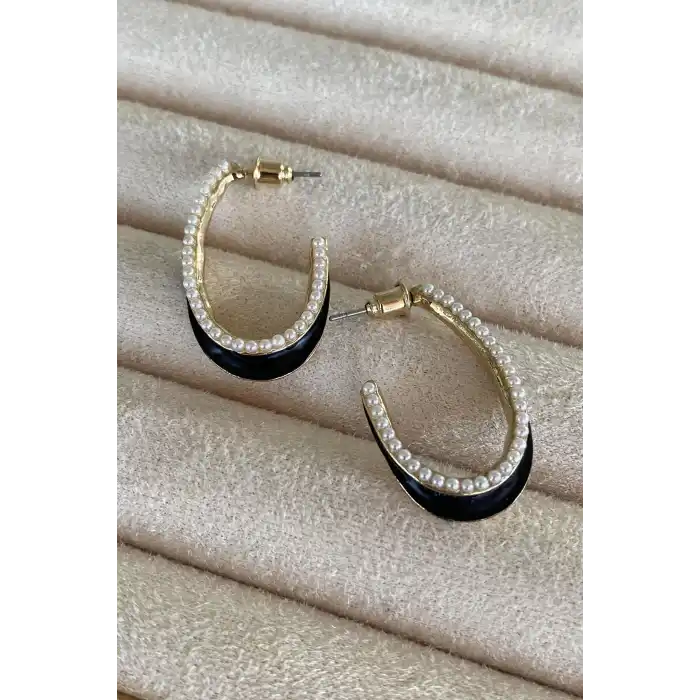 Altın Ve Siyah Renk İnci Detaylı Küpe (Çift)