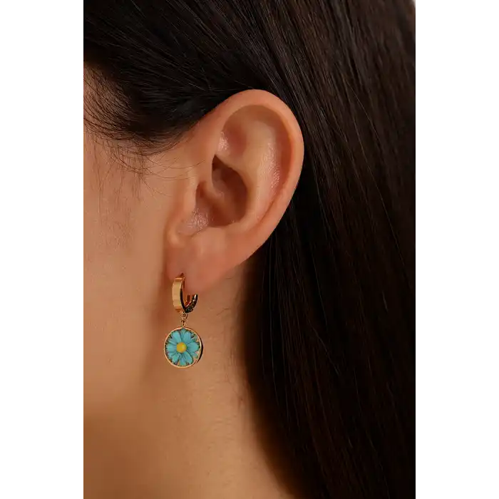 Altın Ve Turkuaz Renk Çiçek Figürlü Çelik Küpe (Çift)