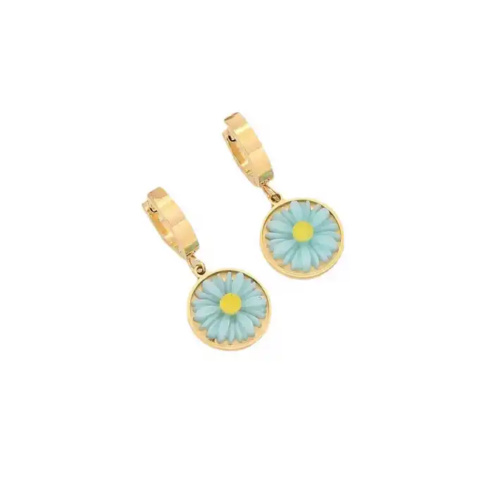 Altın Ve Turkuaz Renk Çiçek Figürlü Çelik Küpe (Çift)