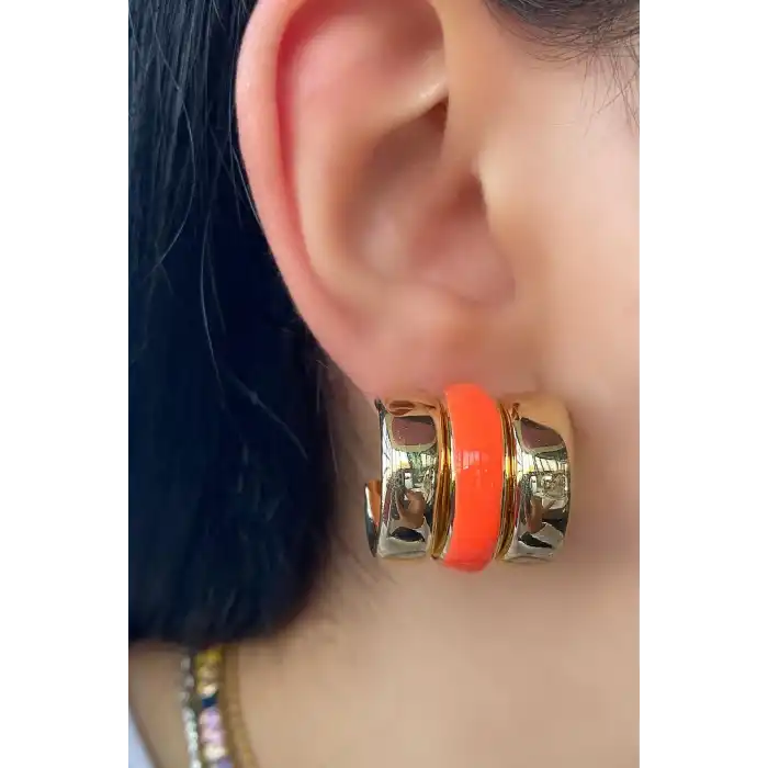 Altın Ve Turuncu Renk Halka Küpe (Çift)