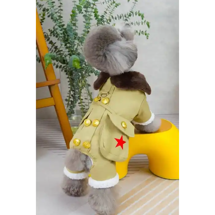 Bej Renk Çanta Detaylı Peluş Astarlı XL Köpek Tulum/Mont