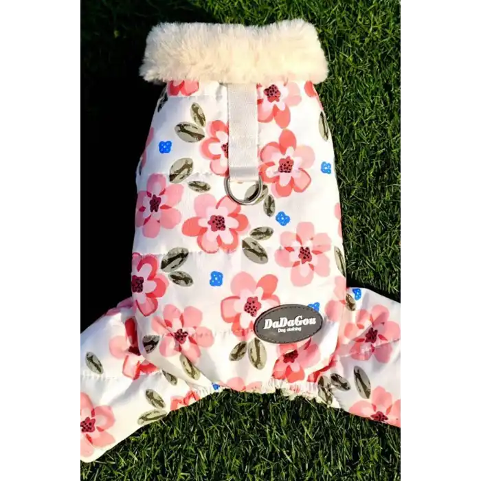 Beyaz Renk Çiçek Figürlü Su Geçirmez Kalın Tüylü Astarlı XL Köpek Mont