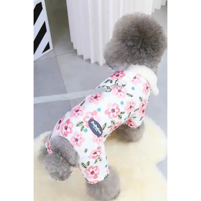 Beyaz Renk Çiçek Figürlü Su Geçirmez Kalın Tüylü Astarlı XXL Köpek Mont