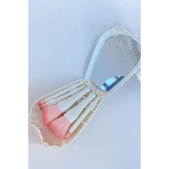 Beyaz Renk Deniz Kabuğu Figürlü Makyaj Fırçası/ Ayna Set