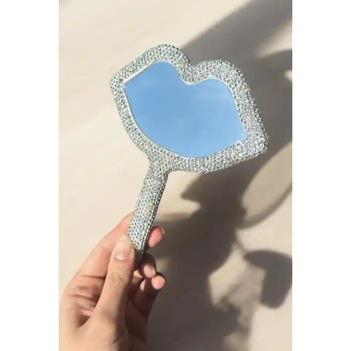 Beyaz Renk Dudak Figürlü Taş Detaylı El Aynası