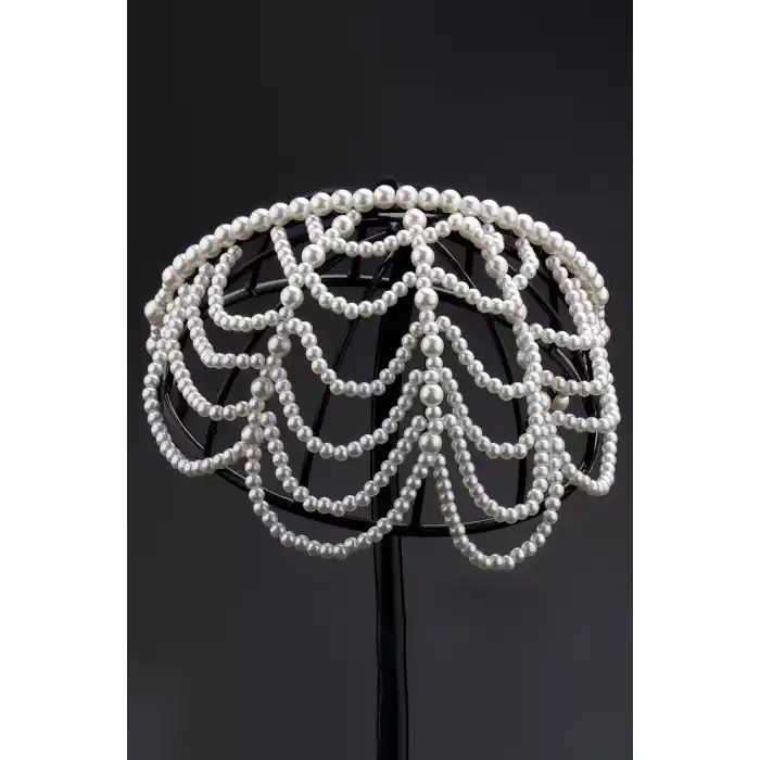 Beyaz Renk İnci Detaylı Gelin/Kına/Nişan/Bride Tasarım Taç