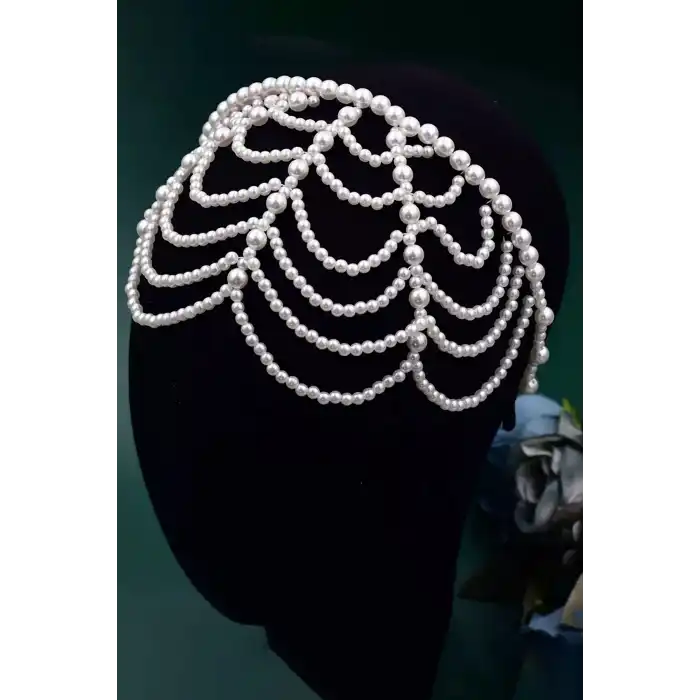 Beyaz Renk İnci Detaylı Gelin/Kına/Nişan/Bride Tasarım Taç
