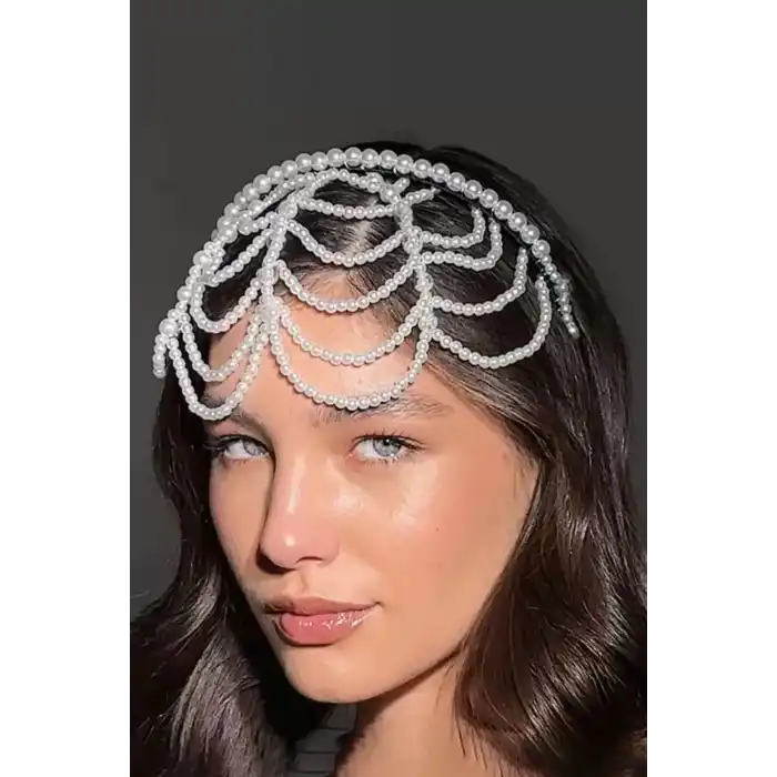 Beyaz Renk İnci Detaylı Gelin/Kına/Nişan/Bride Tasarım Taç