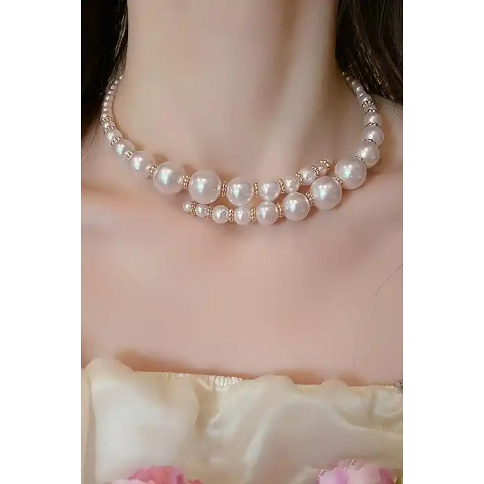 Beyaz Renk İncili Choker Kolye