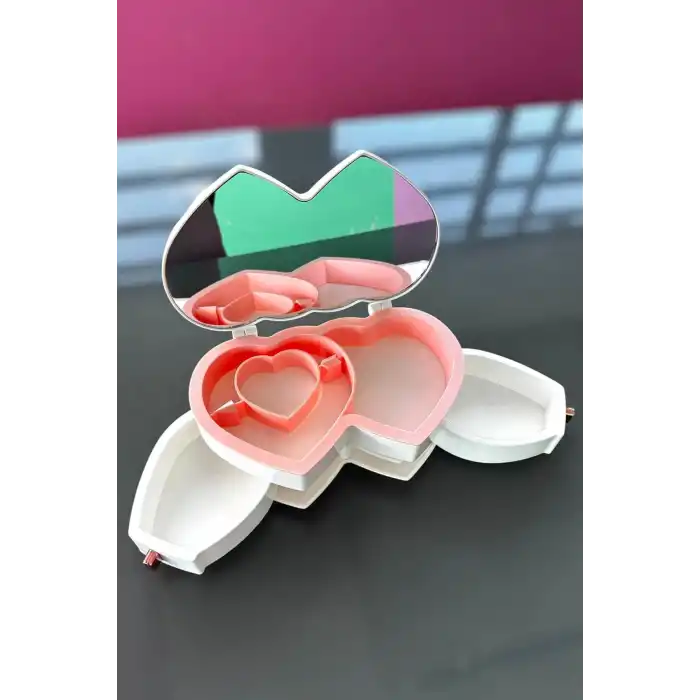 Beyaz Renk Kalp Figürlü Aynalı Çekmeceli Takı Organizeri