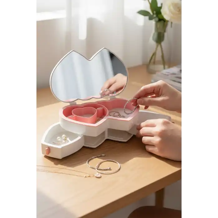 Beyaz Renk Kalp Figürlü Aynalı Çekmeceli Takı Organizeri