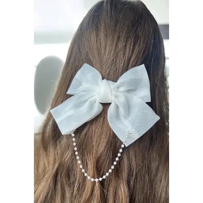 Beyaz Renk Kurdele Figürlü İnci Detaylı Otomat Toka