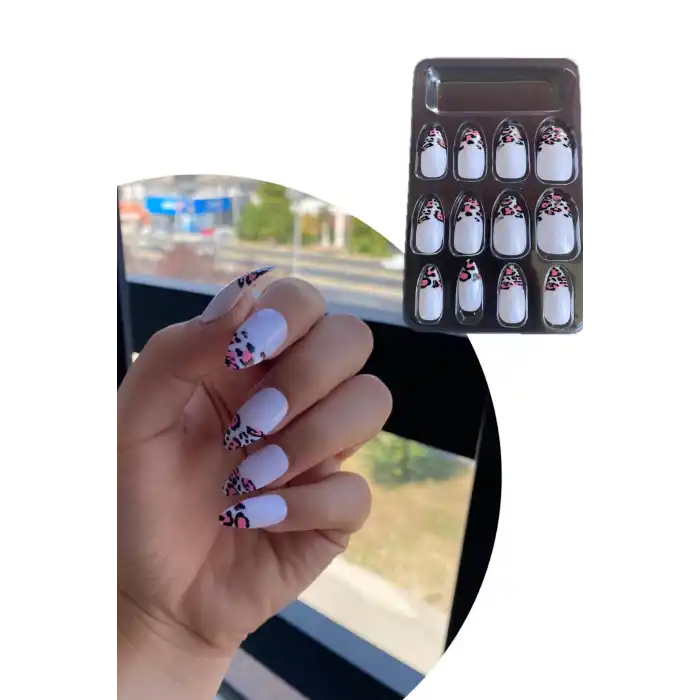 Beyaz Renk Leopar Desenli 12li Takma Takma Tırnak (Yapıştırıcılı)